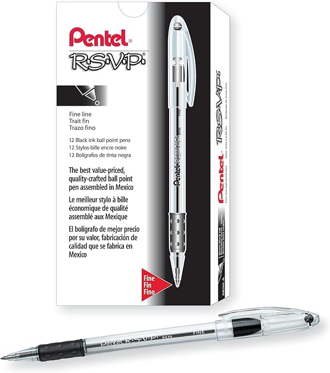 Pentel® R.S.V.P.® Ballpoint Pens, Fine Point, 0.7 mm, Clear Barrel, Black Ink